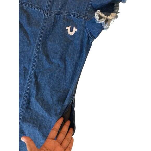 True Religion Girls Denim Dress Sz S (Tencel) Flutter Sleeve Distressed Hem Blue - Picture 6 of 10